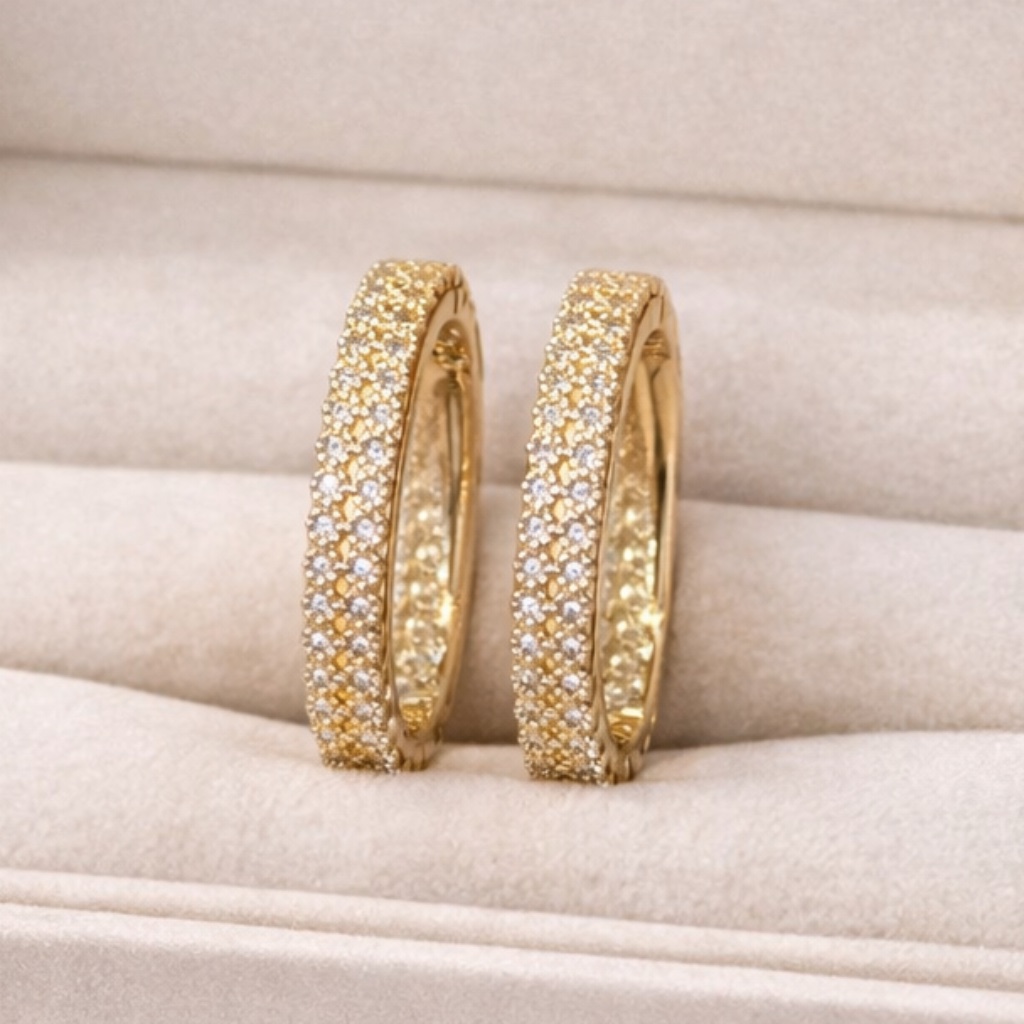 14k Gold Earrings, Oval Hoops 1.25 Inch, Diamond Pave Setting, Hypoallergenic